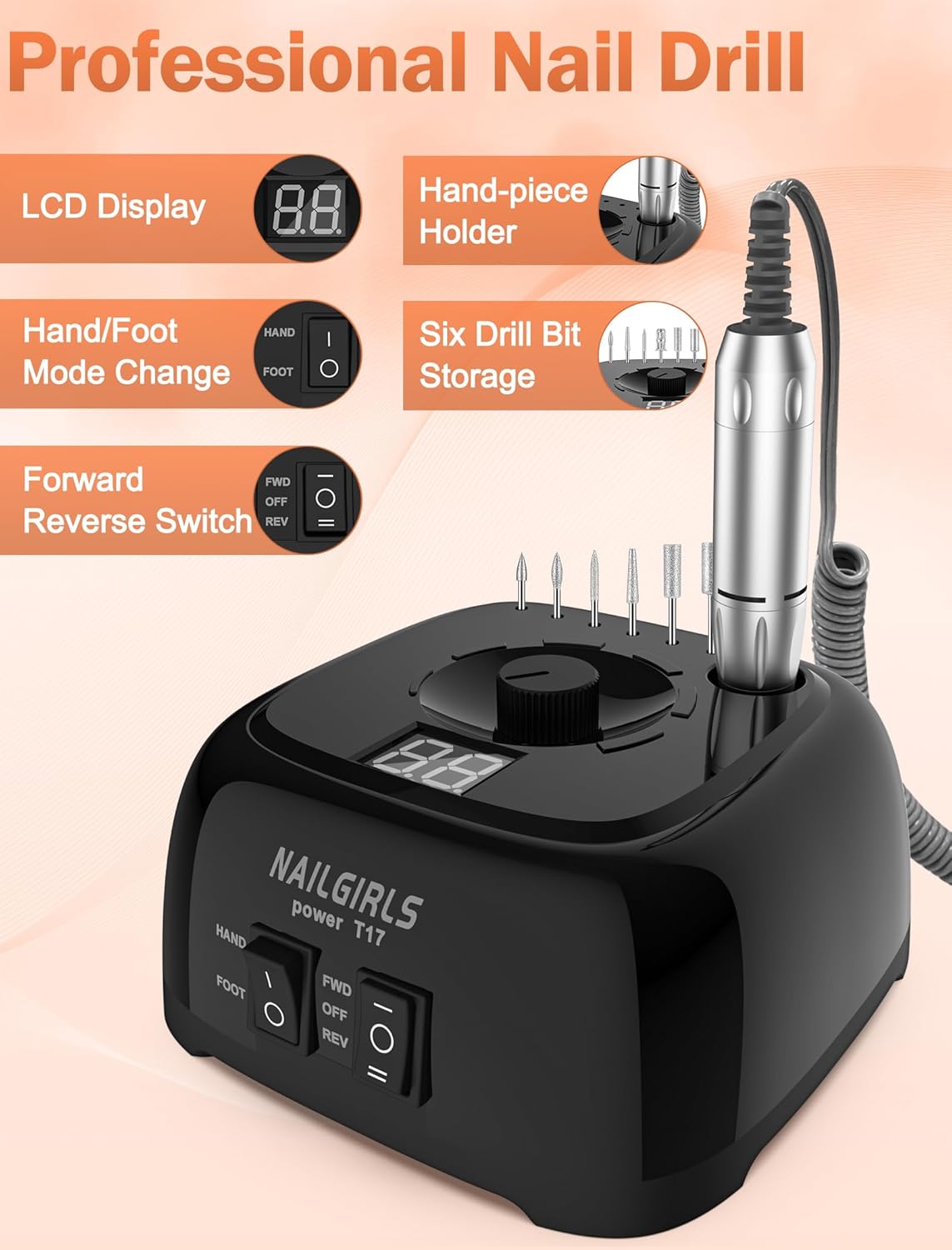 NAILGIRLS Nail Drill，35000RPM Professional Nail Drill Machine with Speed Display，Electric Nail File Set for Acrylic Nails Gel Nails, Polishing Shaping (Black)