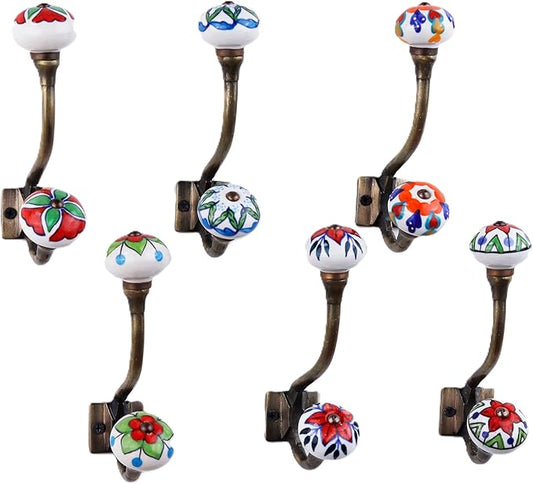 Indian Shelf Pack of 6 Heavy Duty Double Prong Multicolor Decorative Coat Hooks by IndianShelf