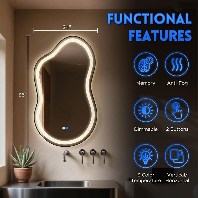 Dorlicecass Irregular Led Bathroom Mirror- Black 24"x36" Single Piece Vanity - Image 5