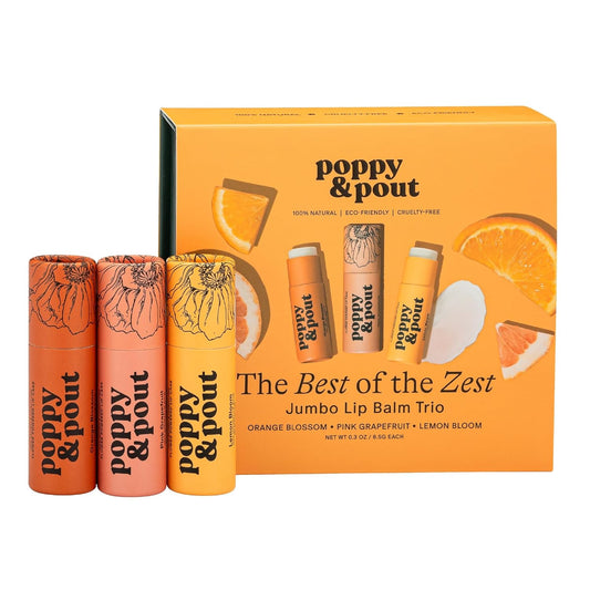 Jumbo Lip Balm Gift Set (3-Pack, Citrus Flavors) | Poppy & Pout All Natural Lip Balms & Moisturizers | Hydrates with Beeswax, Vitamin E, Organic Coconut Oil | Cruelty-Free | Recyclable Cardboard Tube