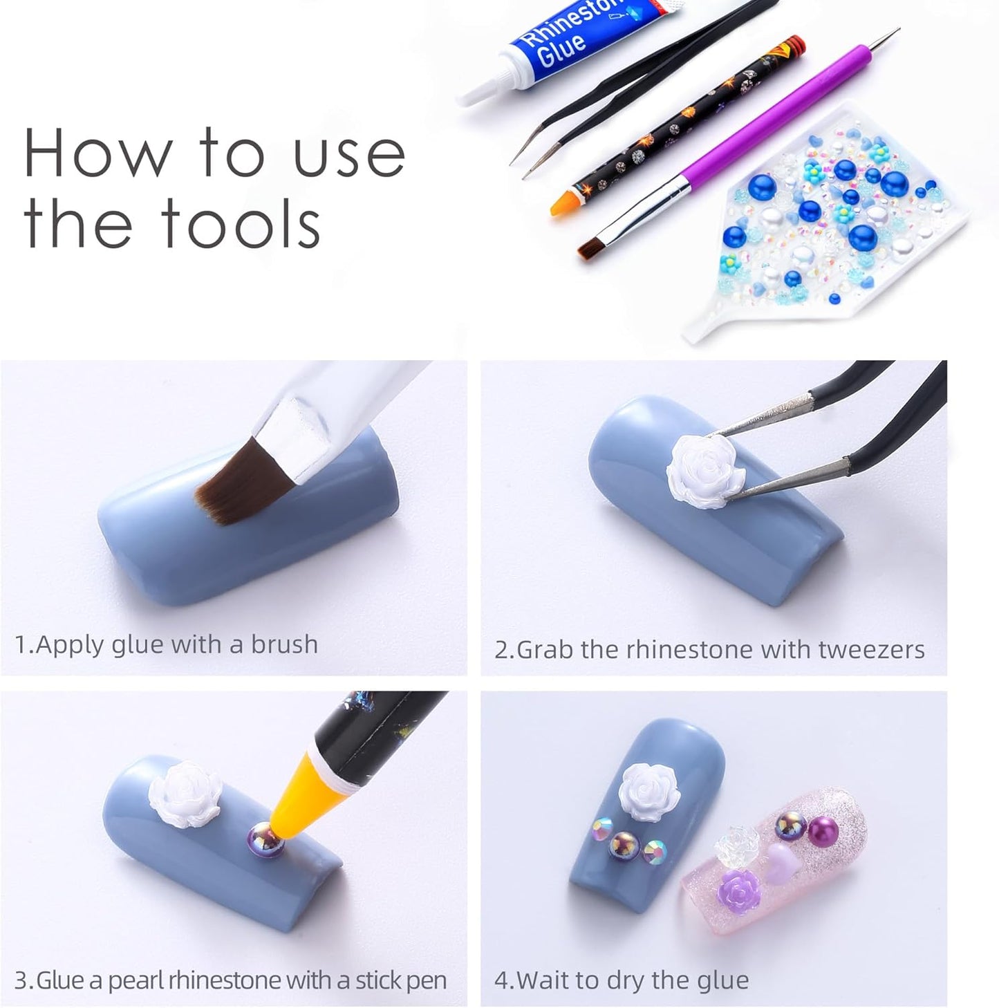 160g Blue White Flat Back Pearls Rhinestones with Gel for Crafts Mixed Size 3mm-10mm AB Color Round Half Pearls Flatback Pearl Beads and Resin Rhinestones Set for Face Art