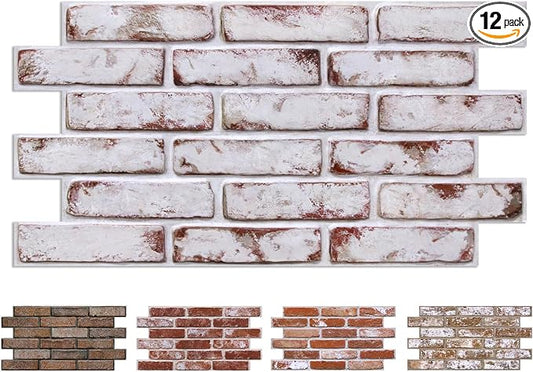 COMSTICKC 3D Faux Brick Wall Panel Red-Tinted White, Peel and Stick Wall by COMSTICKCDECOR