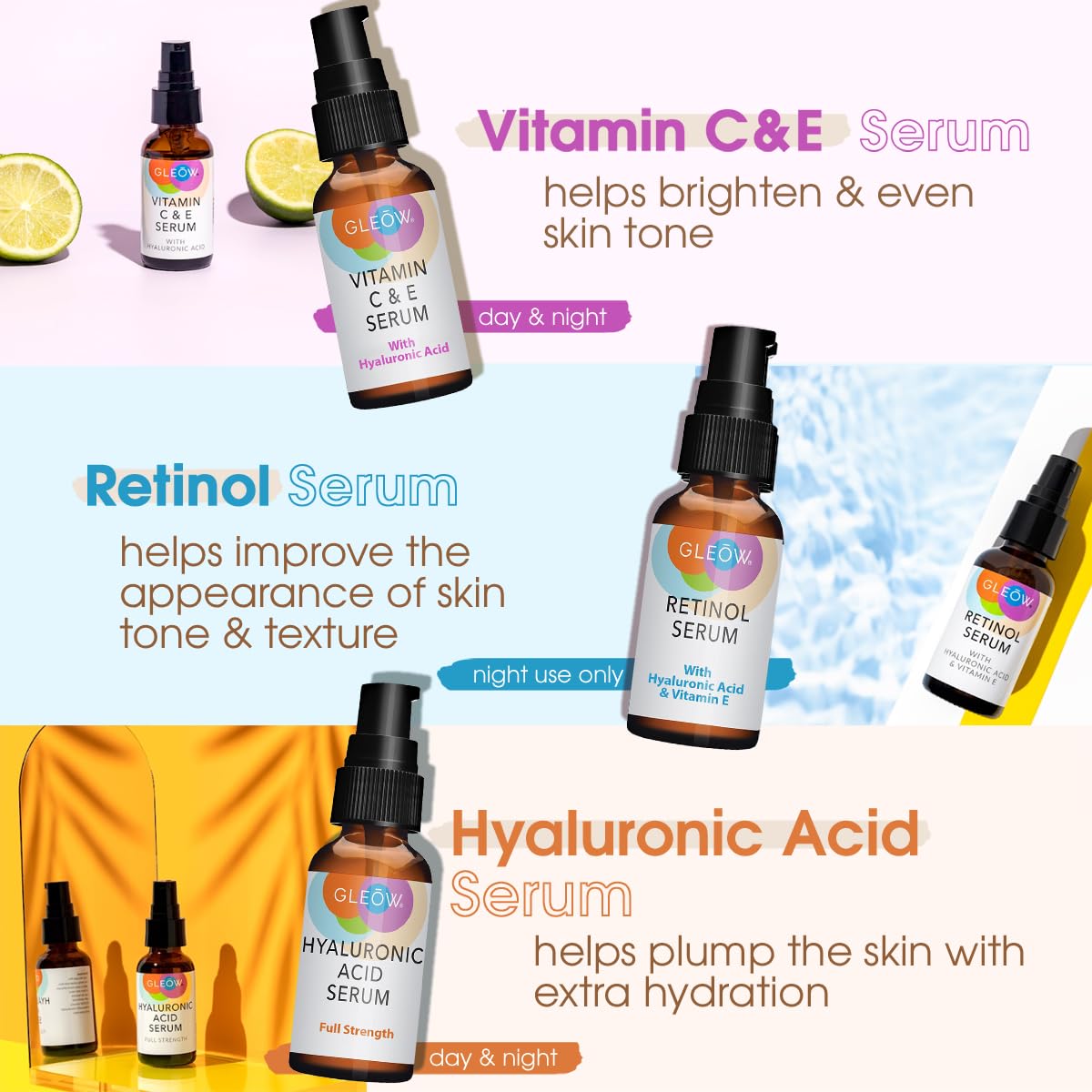 Retinol Serum for Face, Vitamin C with Hyaluronic Acid Face Serum for Women and Men, Glow Skin Care Set Total Package Targets Appearance of Uneven Skin Tone and Dryness 3x1oz