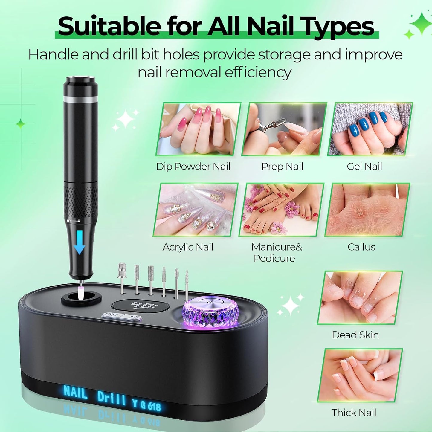 Electric Nail Drill Professional: 40000RPM Electric Nail File Kit E File Nail Drill Machine with LCD Display for Acrylic Gel Nail, Manicure Pedicure Polishing Nail Grinder for Salon Home Use