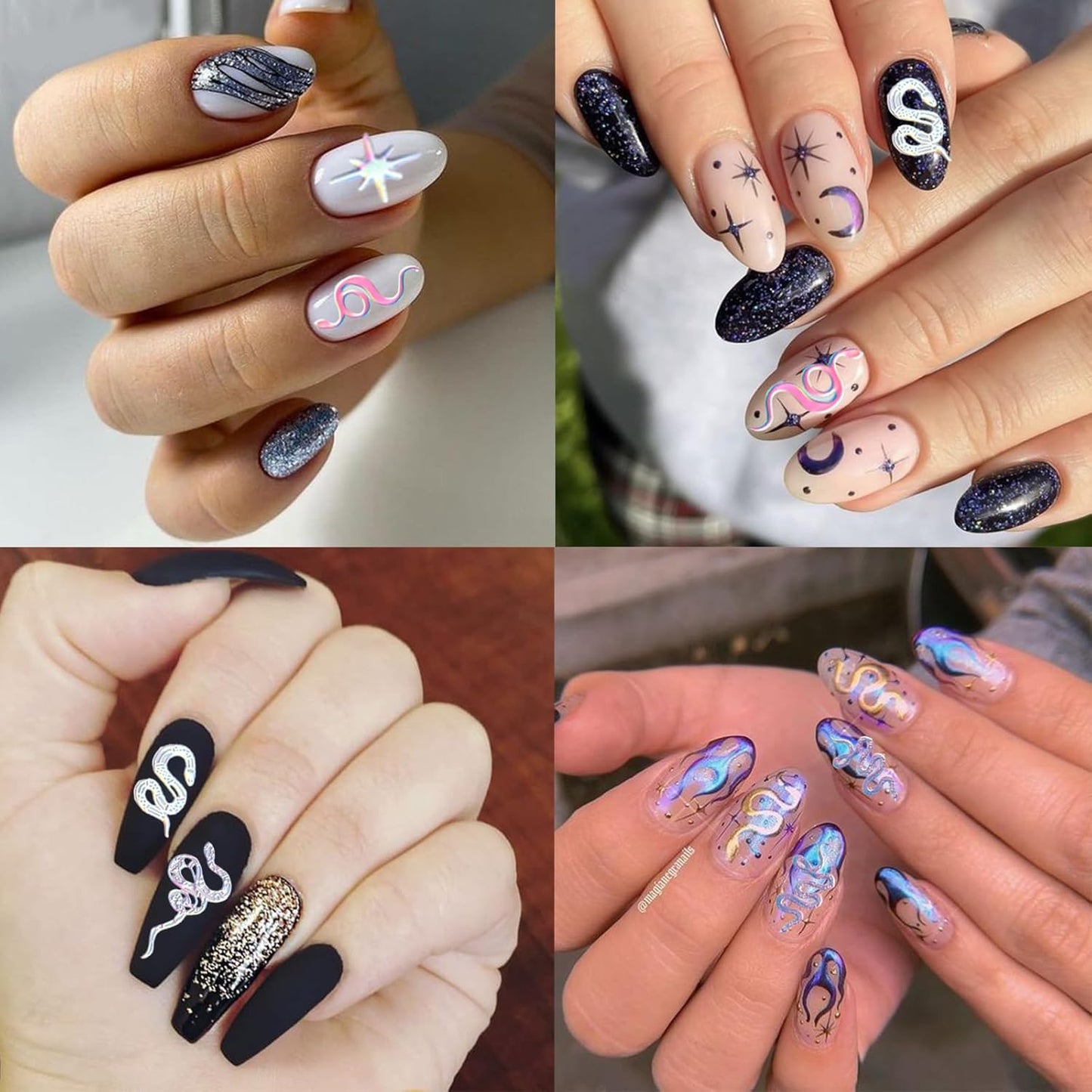 5 Sheets Aurora Silver Snake Nail Art Stickers 3D Self-Adhesive Laser Nail Decals Stars Sun Moon Line Holographic Designs Nail Stickers for Women Girls DIY Manicure Supplies