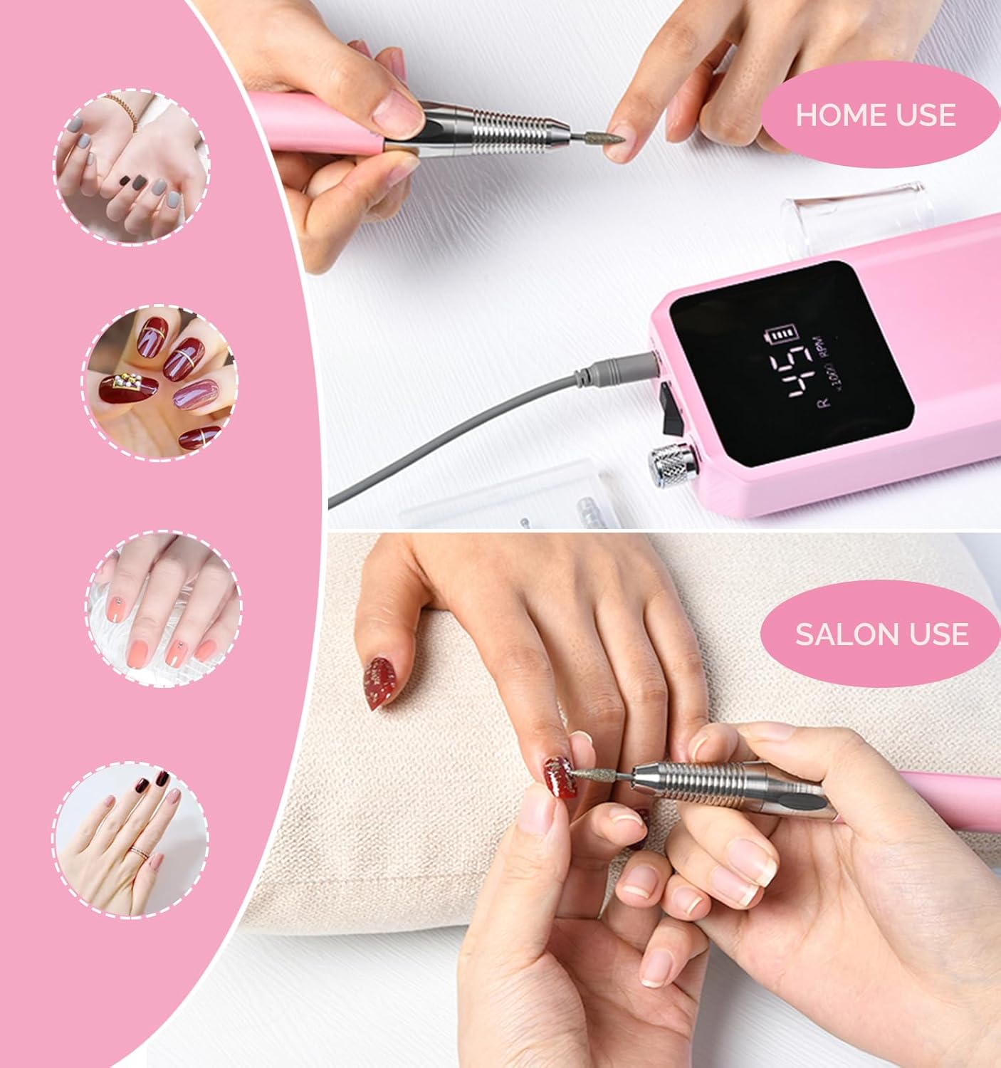 Professional Nail Drill Machine - 2-in-1 Brushless Motor Nail File, 45000 RPM 2*3500mAh Portable Efile for Acrylic Gel Nails with 6 Bits & ETL-Certified USB Charger for Salon & Home(Pink)