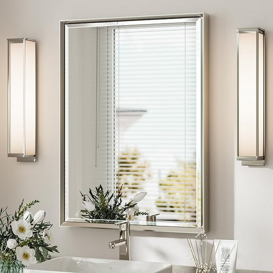 Brushed Nickel Bathroom Mirror, 22x30 Inch Beveled Framed Bathroom Mirror by QUEENFUN