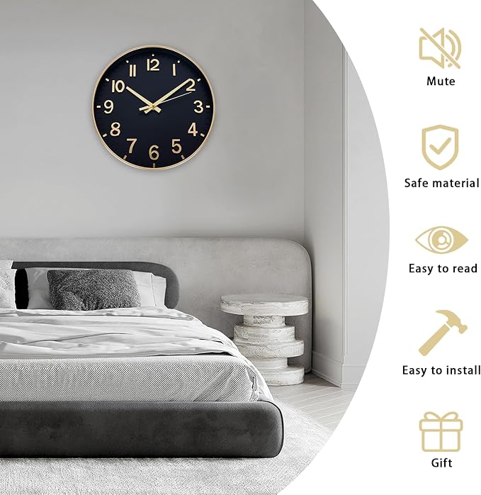 HZDHCLH Wall Clocks Battery Operated, Wall Clock Black Gold, 12 inch Wall Clock - Image 4