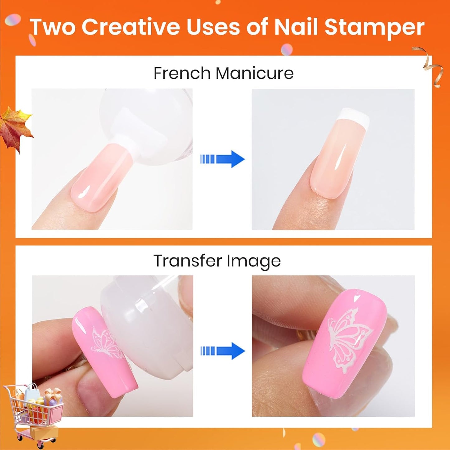 Beetles Nail Stamp, 4Pcs French Tip Tool Easy Manicure Nail Stamper Single Head Soft Silicone Long & Short French Tip Stamp Tool with 2Pcs Nail Scraper Decorations Gift for Women