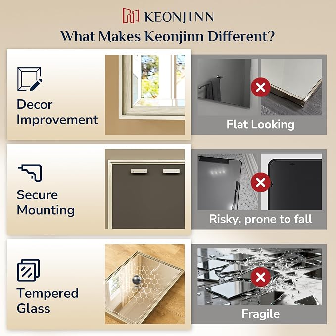 Keonjinn 42" x 36" Brushed Nickel Bathroom Vanity Mirror, Large Silver Bathroom - Image 5