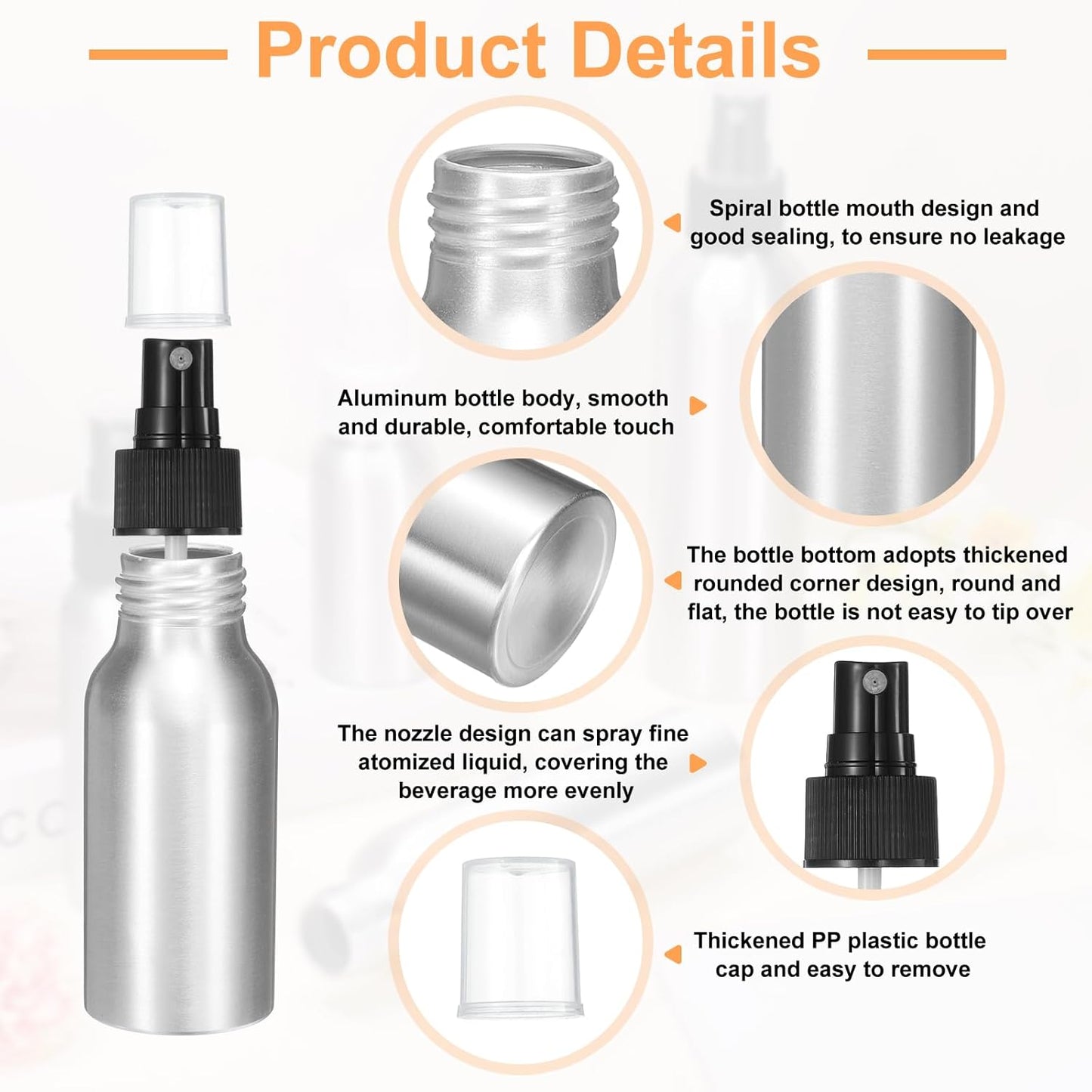 HARFINGTON 5pcs Aluminum Fine Mist Spray Bottles 50ml/1.7oz Metal Small Liquid Alcohol Refillable Travel Container with Black Plastic Nozzle Cap for Perfume Skincare Cosmetic Storage Bottle