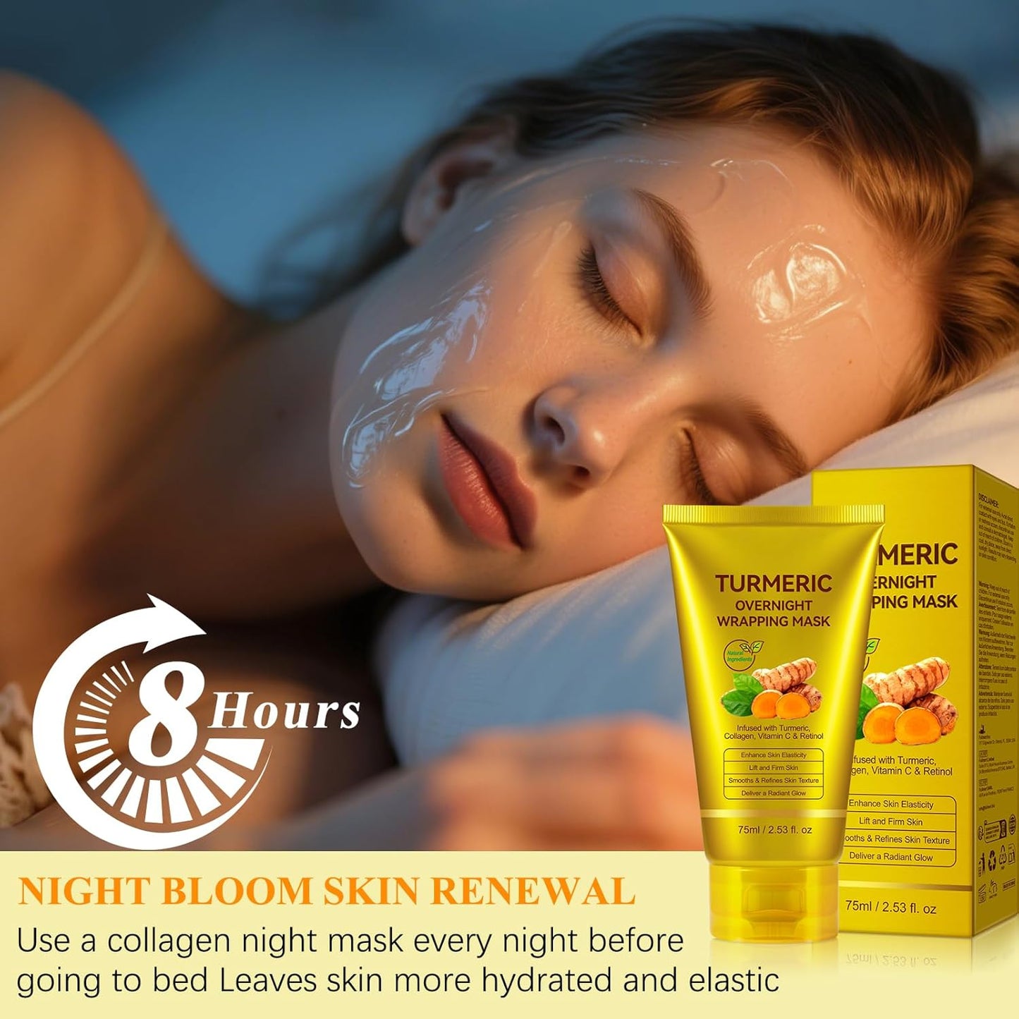 2 Pack Turmeric Vitamin C Collagen Overnight Wrapping Peel Off Mask for Lifting & Firming Face/Neck, Saggy/Dull/Roughed Skin treatment for Clear, Dewy, Radiant Face, 2.53 Oz/75 ML