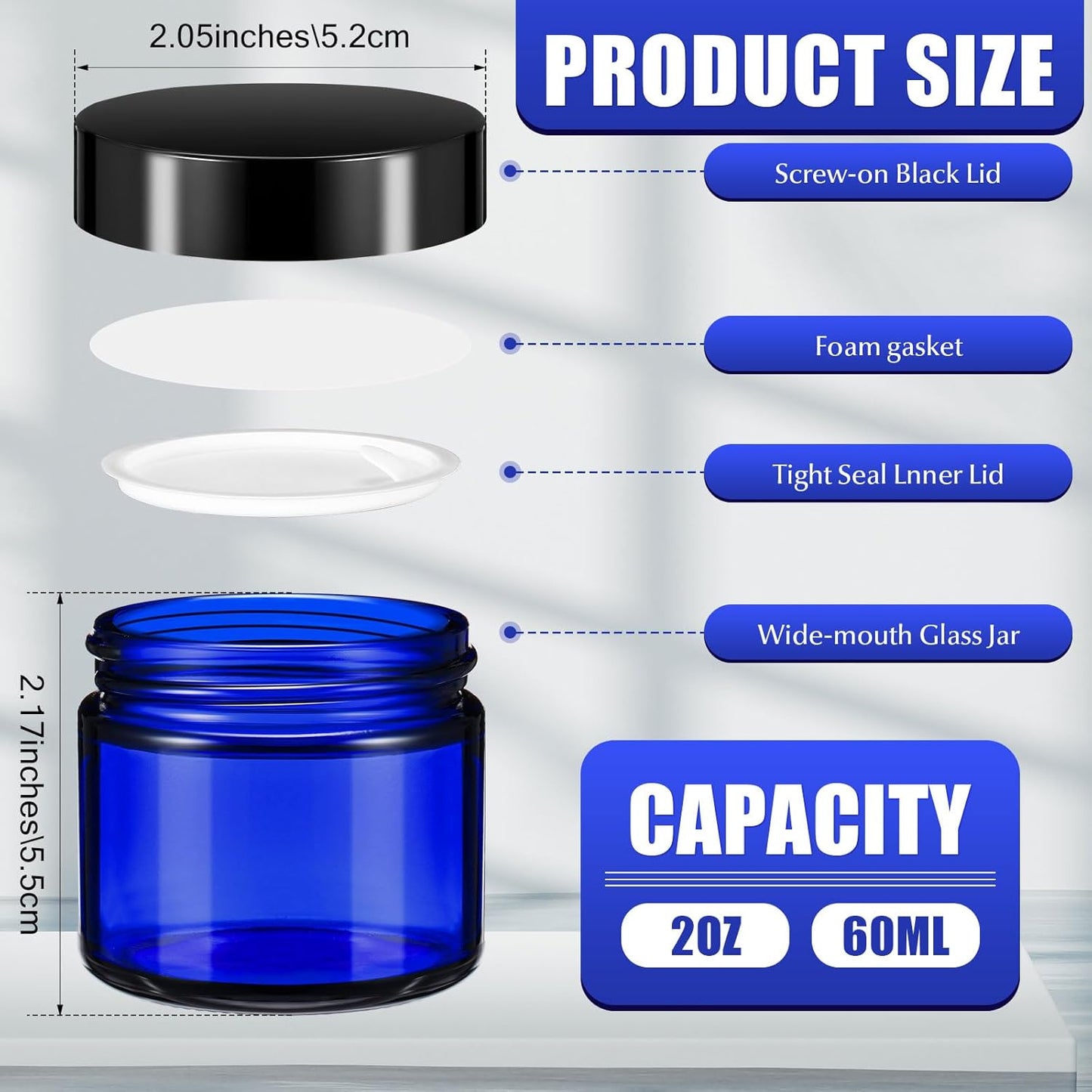 Domensi 48 Pcs 2 oz Glass Jars with Lids Travel Size Round Leakproof Empty Cosmetic Jars with Inner Liners Lid for Storing Makeup Lotions Face Cream Ointments Candle DIY Making (Cobalt Blue)