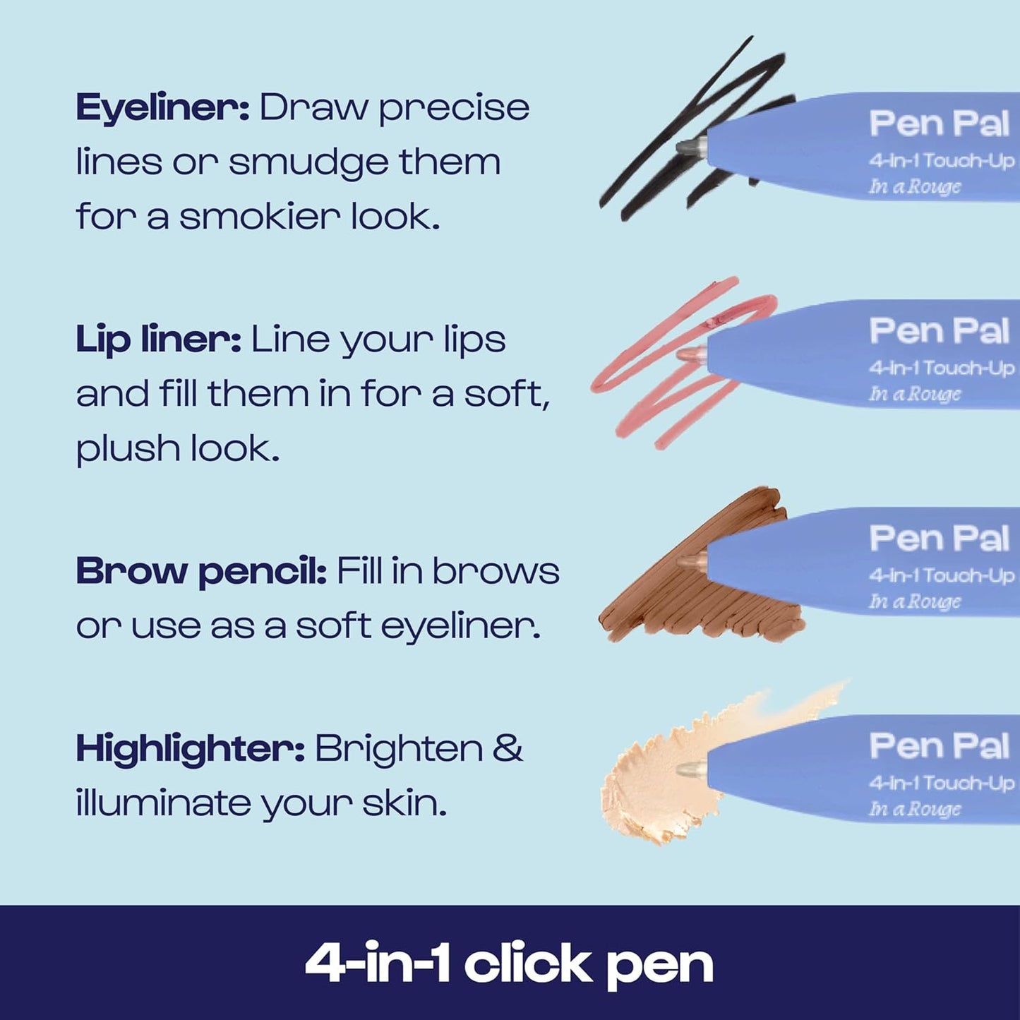 Alleyoop Pen Pal 4-in-1 Makeup Pen - Comes with Eyeliner, Highlighter, Lip Liner, and Eyebrow Pencil - Touch Up On the Go - Cruelty-Free, Vegan (In A Rouge (Light))