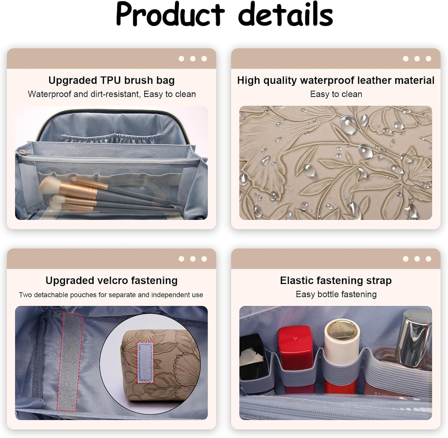 BOYATU Travel Makeup Bags Cosmetic Organizer Bag: 3-Set Large Capacity Make up Bag - PU Leather Toiletry Bags for Women - Wide Open Portable Pouch with Divider & Handle (02-Light Brown)