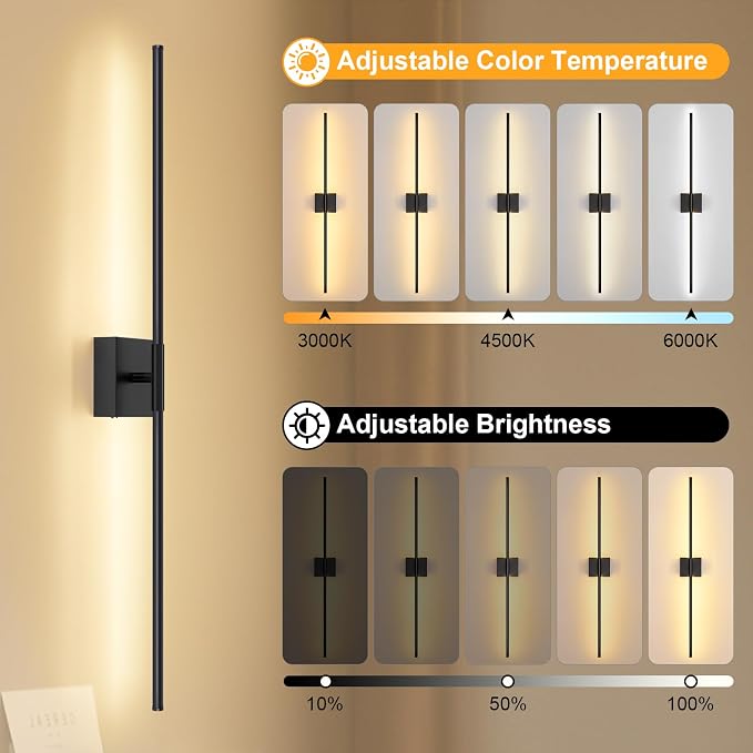 Wall Sconces Set of Two with Remote Control, 39.4 in Dimmable Black Battery - Image 3