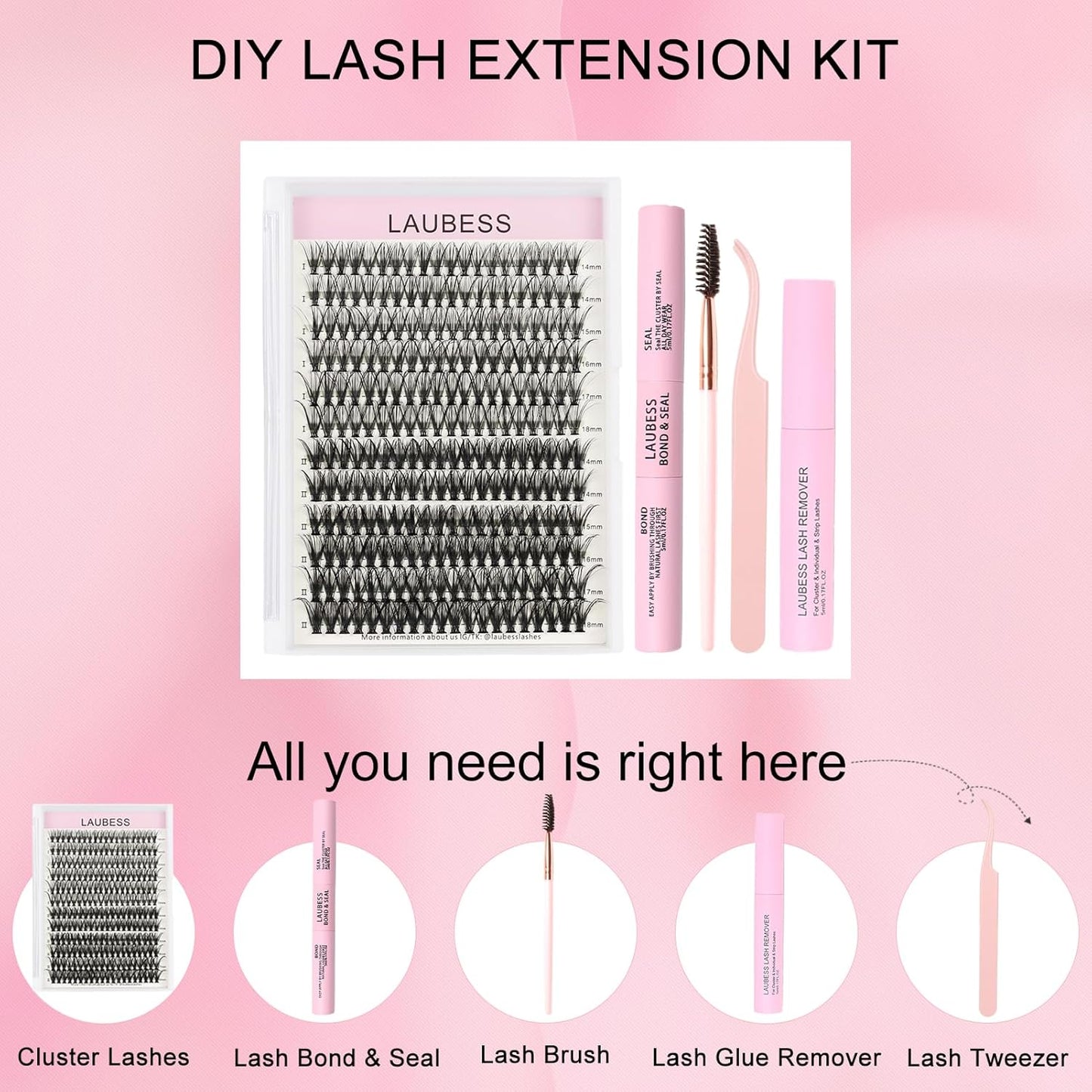 Lash Clusters Kit LAUBESS DIY Lash Extension Kit Lash Bond and Seal Waterproof Lash Glue Remover Tweezers Brush Cluster Eyelash Extensions Kit Eyelash Clusters (Kit 30D-D-Mix14-18)