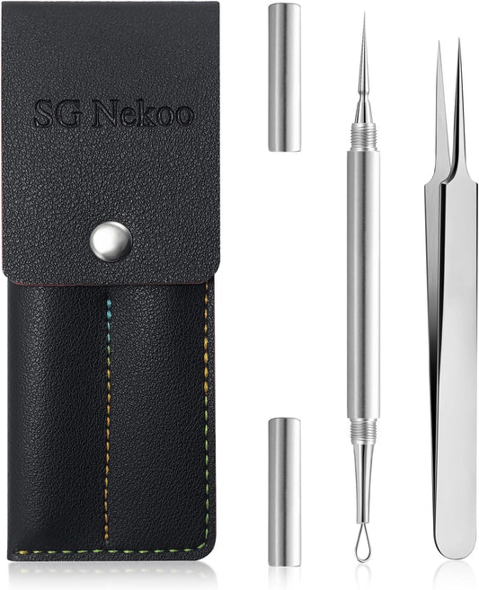 SGNEKOO Professional Facial Milia Removal Tool and Whitehead Extractor,Titanium Alloy Double Ended Needle and Steel Tweezers Kit,Blackhead,Blemish,Zit and Pimple Acne Remover Popper (Stainless Silver)