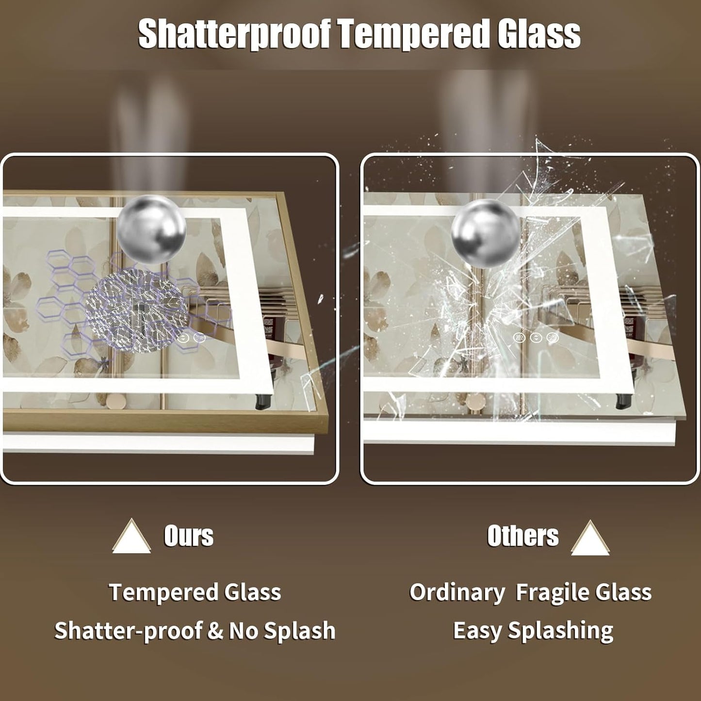 OKPAL Gold LED Bathroom Mirror with Lights, 50x36 Frontlit & Backlit Lighted Bathroom Mirror, LED Vanity Framed Mirror, Anti-Fog, Dimmable, 3 Colors, Shatterproof, ETL Listed