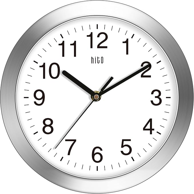 HITO 10 Inch Silent Wall Clock Battery Operated Non Ticking Glass Cover Silver by hito