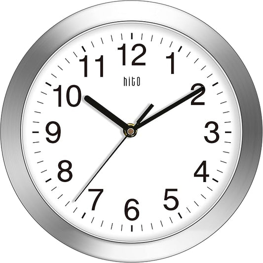 HITO 10 Inch Silent Wall Clock Battery Operated Non Ticking Glass Cover Silver by hito