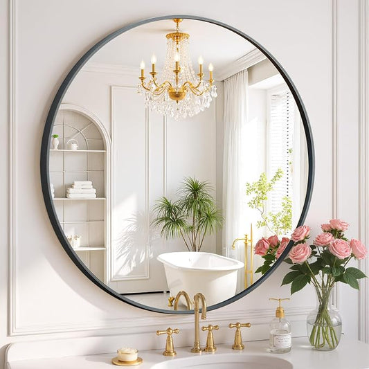 Round Wall Mirror 20 Inch Black Vanity Mirror by SageNest