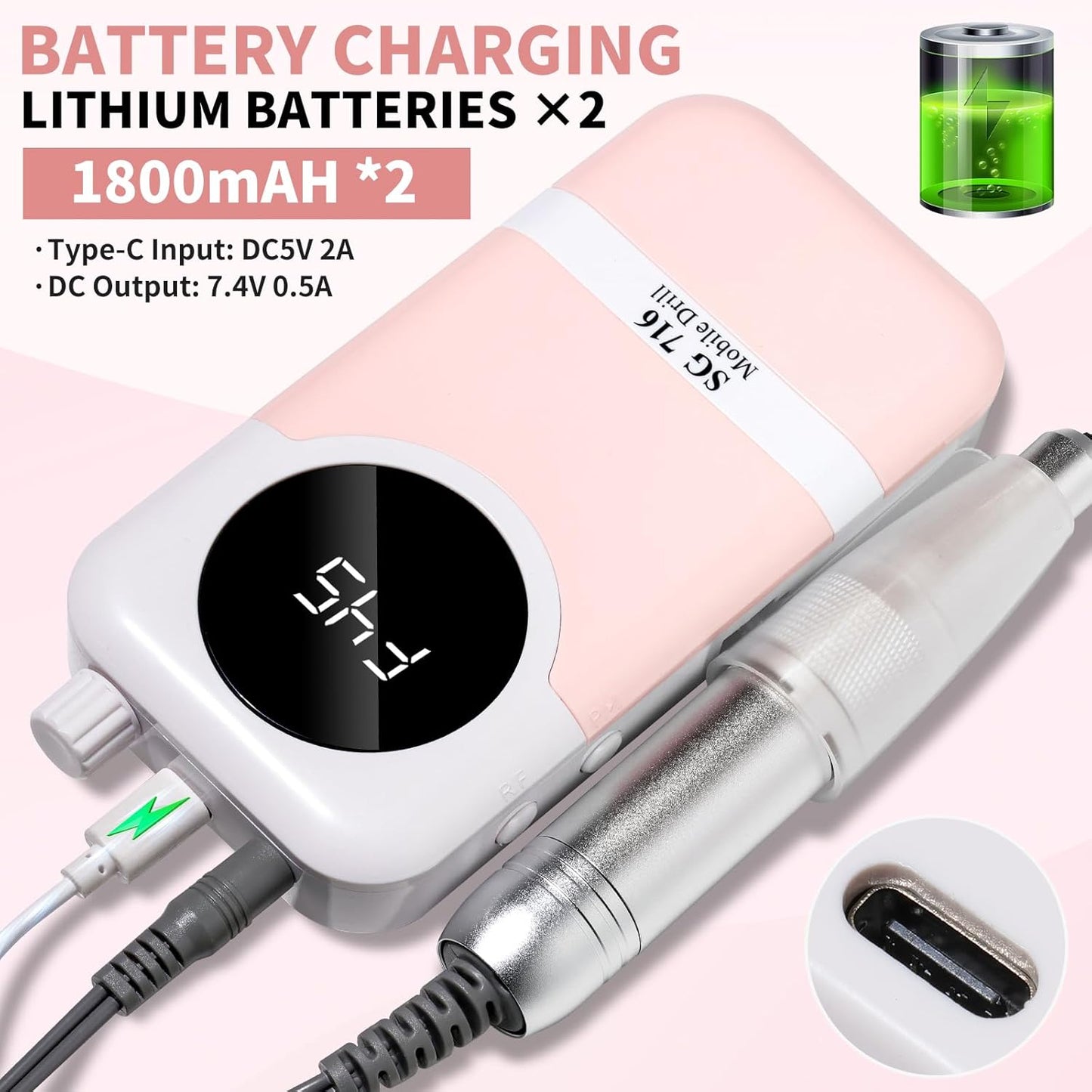 Electric Nail Drill Professional Kit - 45000RPM Electric Nail File Efile Portable Nail Drill Cordless with Bits & Base,E File Machine Nail Grinder for Women (Pink)