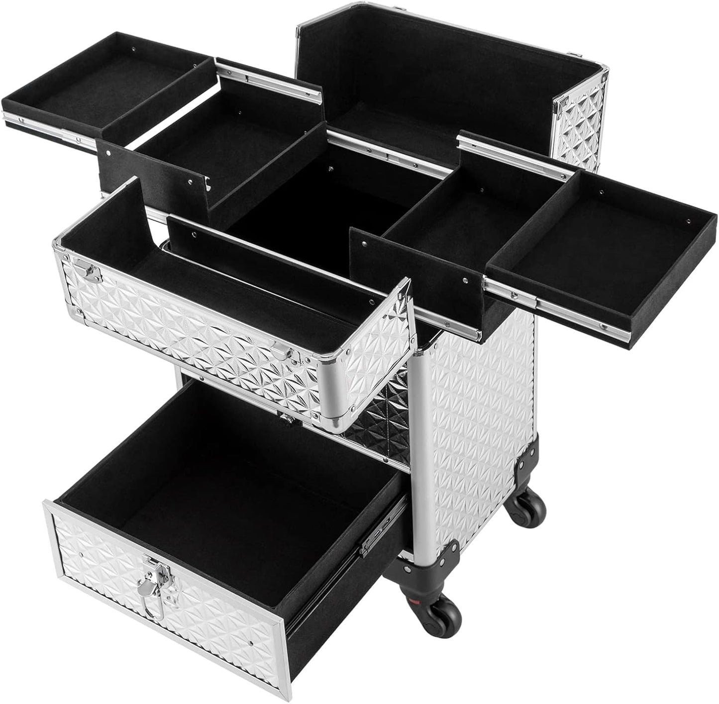 Rolling Makeup Train Case Professional Cosmetic Organizer Large Capacity Trolley Makeup Travel Case with 360° Swivel Wheels for Makeup Artist (Silver)