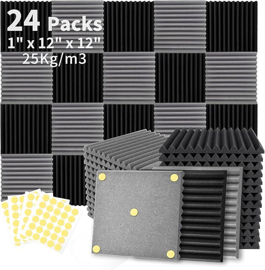 Focusound 24 Pack Black Grey Acoustic Foam Panels 1" x 12" x 12" Sound Proof by Focusound