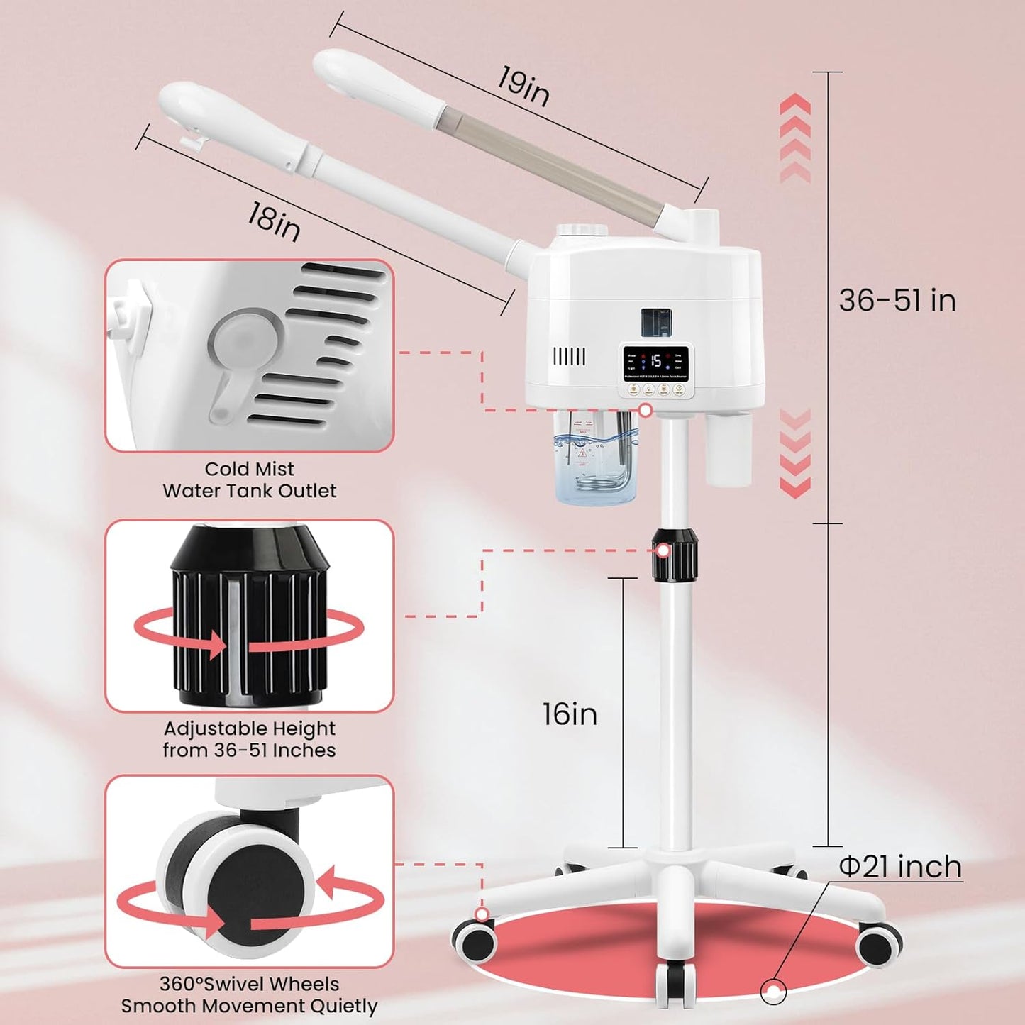 Professional Facial Steamer, 2 in 1 Facial Steamer with Hot&Cold Nozzle, Esthetician Face Steamer with Digital Display for Spa, Salon and Home Use