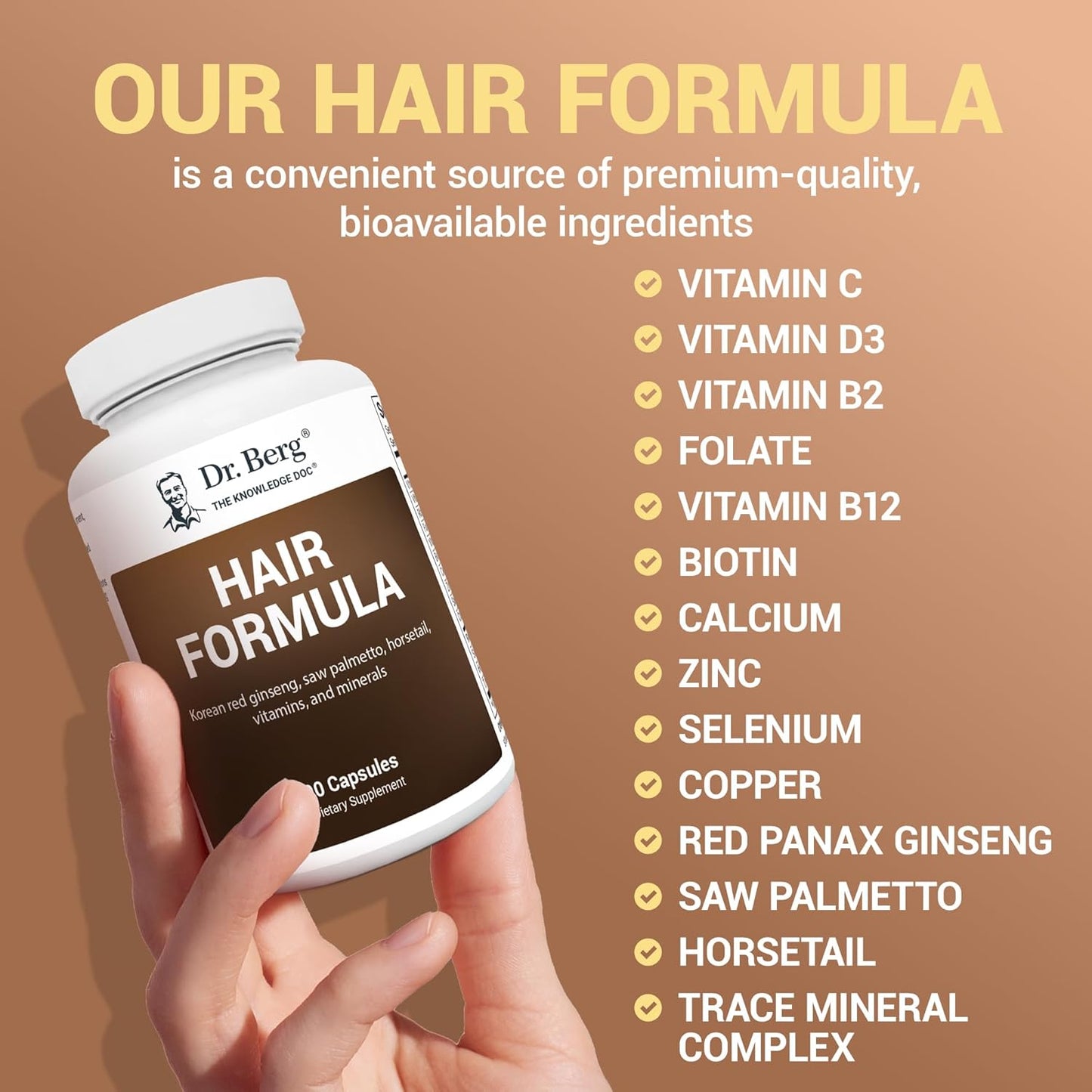 Dr. Berg All-in-One Vitamins for Hair, Skin, & Nails - Advanced Formula with Biotin, Saw Palmetto, DHT Blocker, & Trace Minerals - 90 Veg Capsules