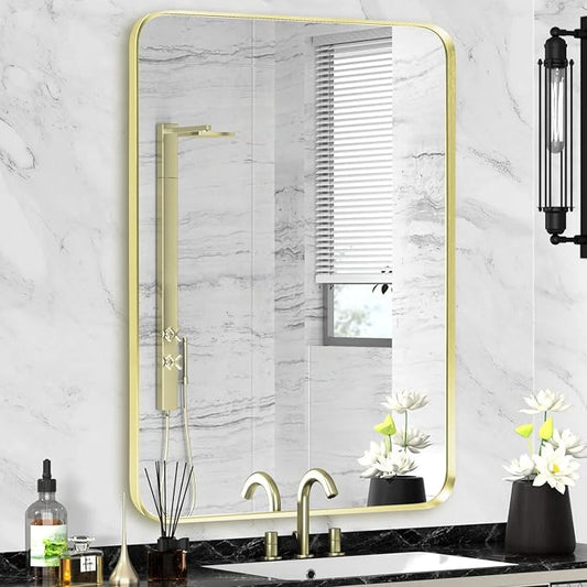 Wall Mount Mirror for Bathroom, Brushed Gold Metal Framed Rounded Corner by Minuover
