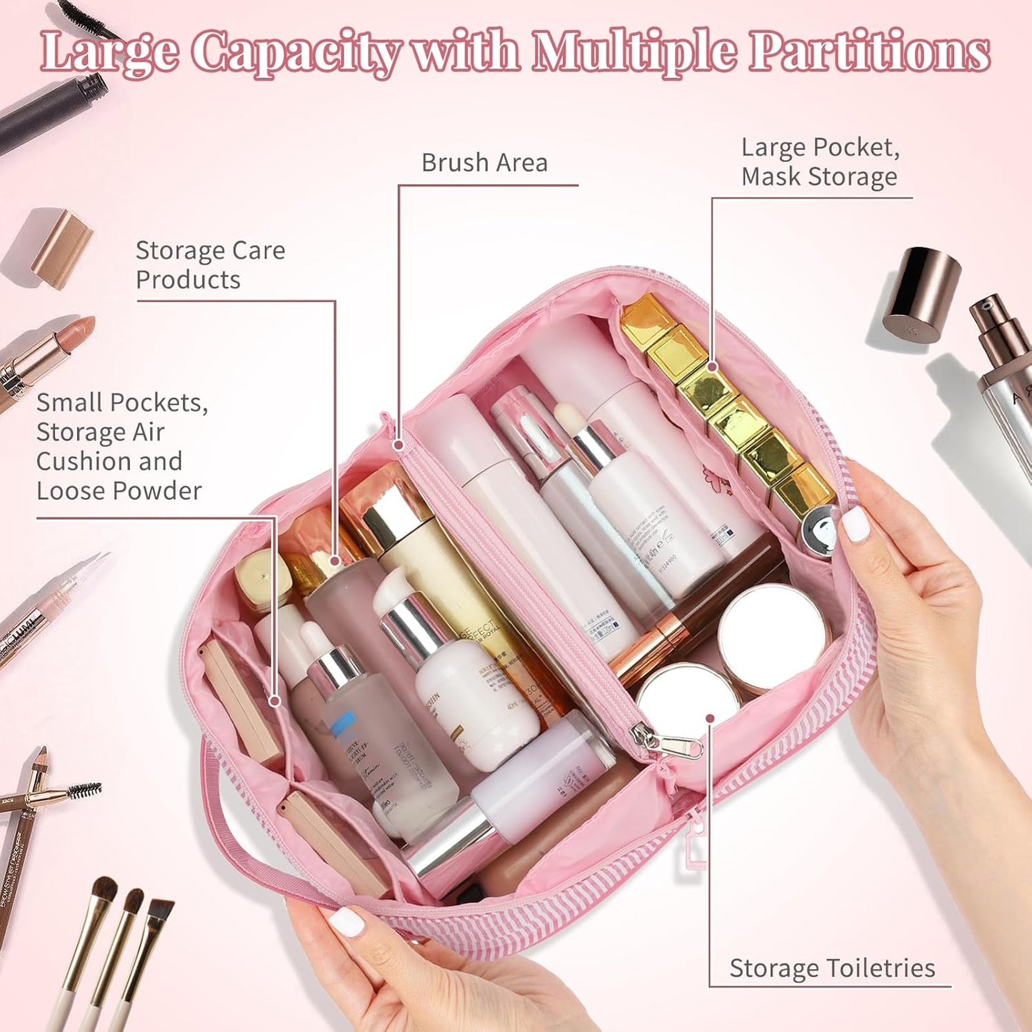 Travel Makeup Bag for Women, 2Pcs Portable Personalized Initial Makeup Organizer Bag, Open Flat Large Cosmetic Bag With Travel Essential Pouch (Pink Letter U)