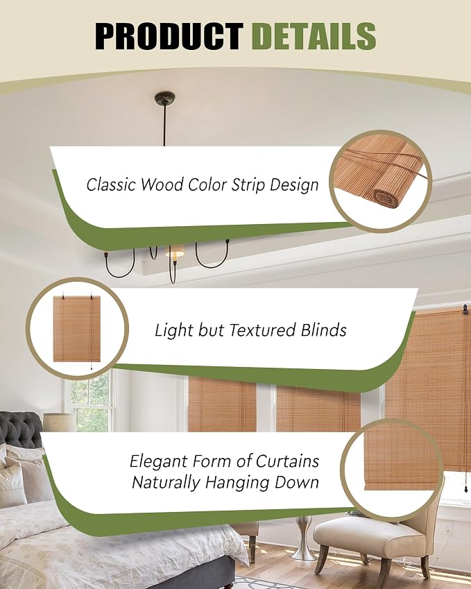 FoundGo Retro Bamboo Blinds 30" W x 64" H Bamboo Roman Shades Light Filtering - Image 6