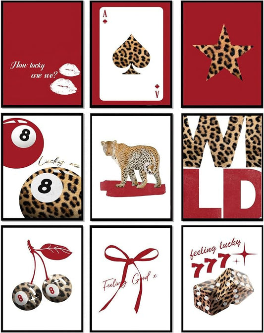 LOARTVE 9Pcs Trendy Red Leopard Wall Art Prints Funky Lucky 8 Ball Posters by LOARTVEART