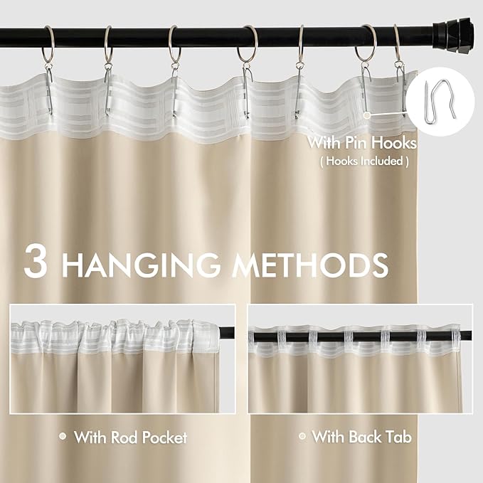 MIULEE Cream Beige Back Tab Light Blocking Curtains 63 Inch Length 2 Panels Set - Image 3