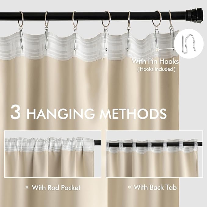 MIULEE Cream Beige Back Tab Light Blocking Curtains 98 Inch Length 2 Panels Set - Image 3