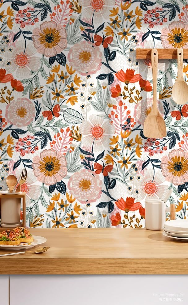 HAOKHOME Floral Peel and Stick Wallpaper Boho Pink Botanical Wall Paper - Image 6