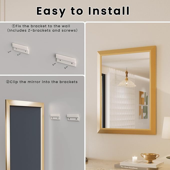 Amorho Bathroom Mirror, 40x36 Inch Golden Thick Metal Framed Wall Mirrors - Image 7