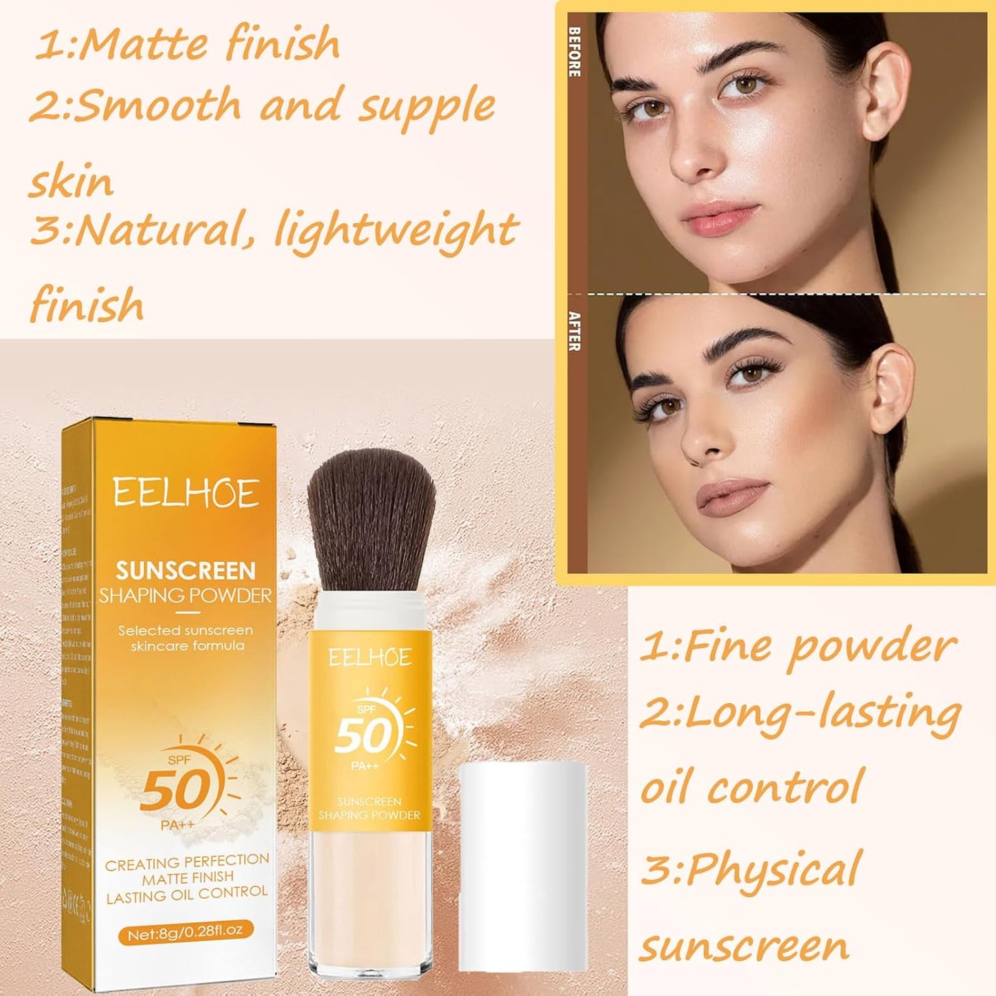 Mineral Sunscreen Setting Powder, SPF 50 PA++ Powder Sunscreen for Face, Oil Control Lightweight Breathable Translucent Concealer Brush Face Powder for All Skin