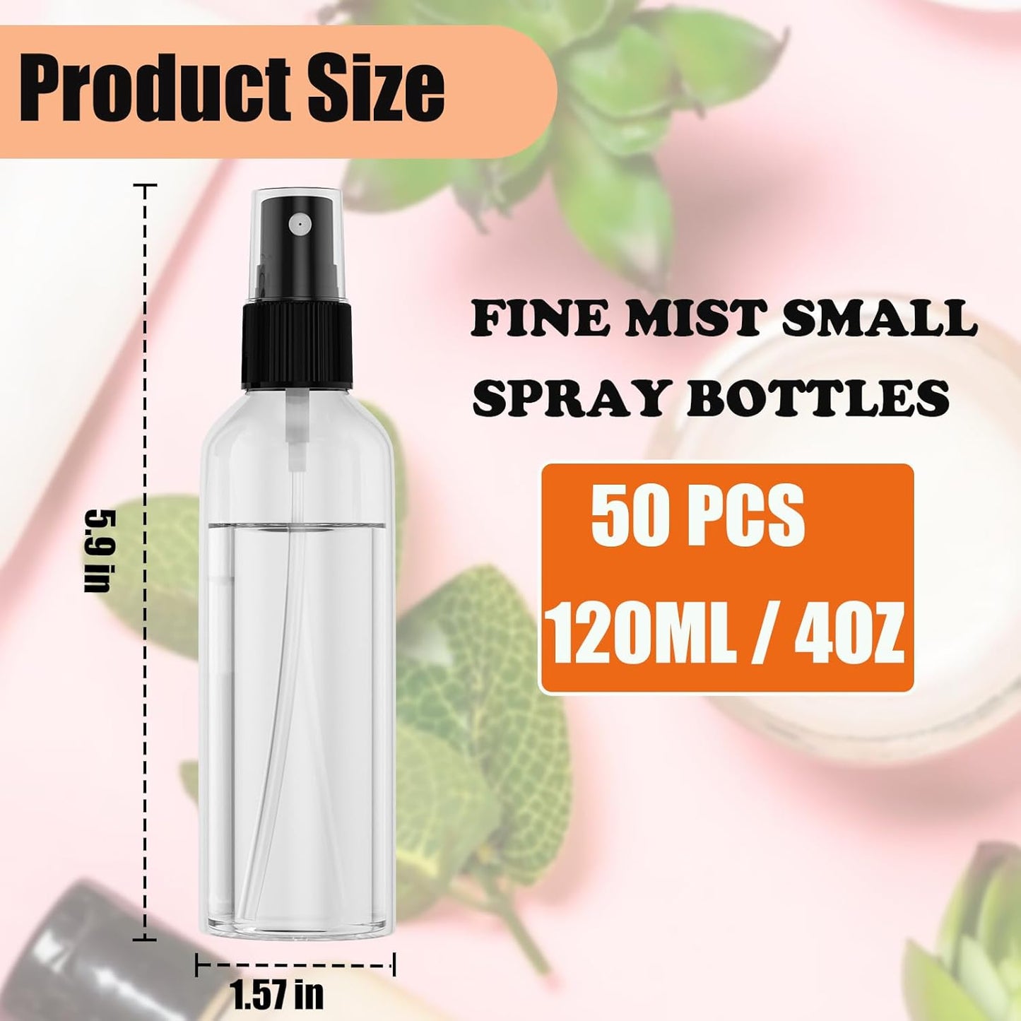 EVANCENT 50Pack 4oz Spray Bottles Plastic, 120ml Small Spray Bottle Bulk Black Fine Mist Sprayer, Portable Empty Refillable Containers Cosmetic Bottles for Plants, Cleaning, Misting & Skin Care