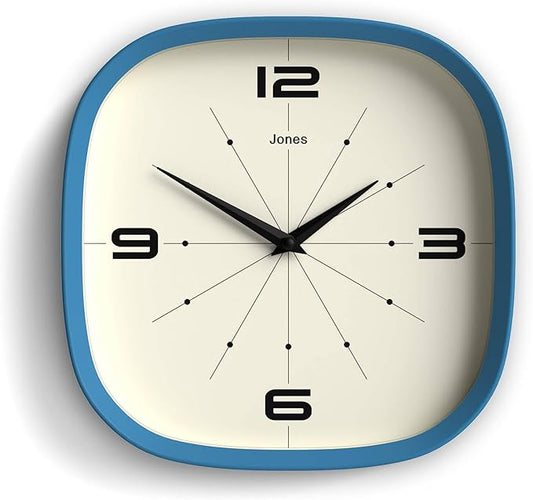 JONES CLOCKS® Pulsar wall Clock | Square Rounded Retro Clock | 10 inch | Blue | by JONESCLOCKS