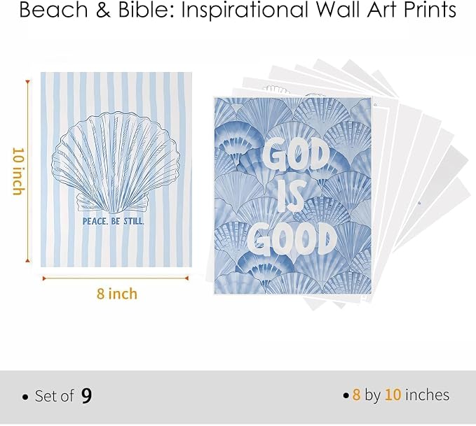 9 Pcs Coastal Christian Wall Art Blue Seashell Posters Inspirational Bible - Image 2