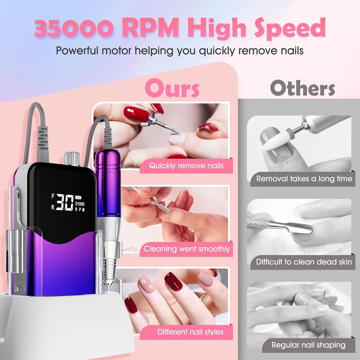 CIVPOWER Nail Drill Professional: 35000RPM Electric Nail File - Portable Rechargeable LED Display Nail Tool Kit- Manicure Pedicure Salon Home DIY (Blue Purple)