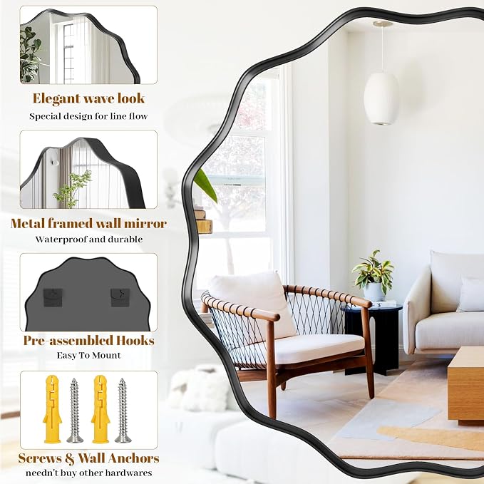 Round Wavy Mirror, 36 Inch Metal Frame Circle Mirror, Round Wall Mounted - Image 4