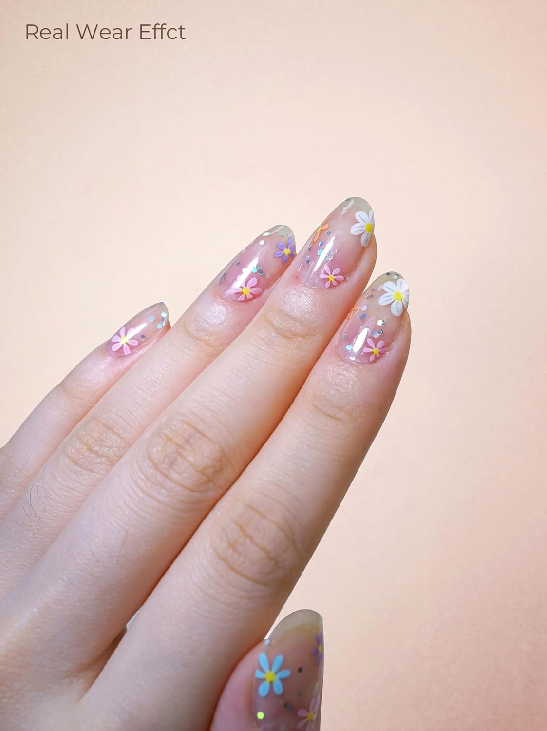 Pre Cured Gel Nail Strips - 44PCS Salon Quality Gel Nail Stickers - Long Lasting Polish Wraps for Women no UV Light Needed Easy Apply& Remove (Flower Sliver)