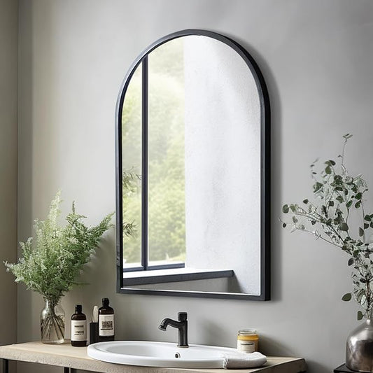 Wall Mounted Mirror, 38x24 Inch Black Bathroom Mirror, Arched Window Mirrors by ZMYCZ