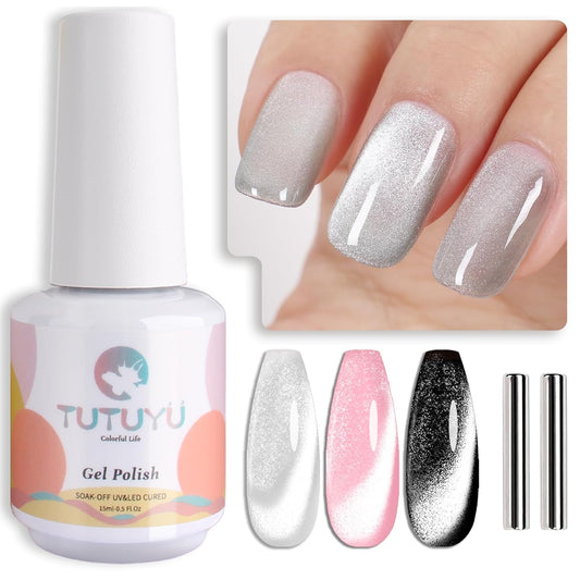 Crystal Cat Eye Gel Nail Polish,15ml Holographic Galaxy Gel Polish Soak Off UV LED Nail Lamp Magnetic Silver Shimmer Velvet Gel Nail Polish for Manicure Salon DIY Home - GP0082