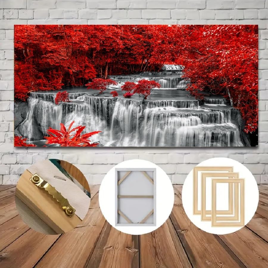 Yxbhhym Large Black and White Decor Waterfall Canvas Wall Art Red Tree Wall - Image 6