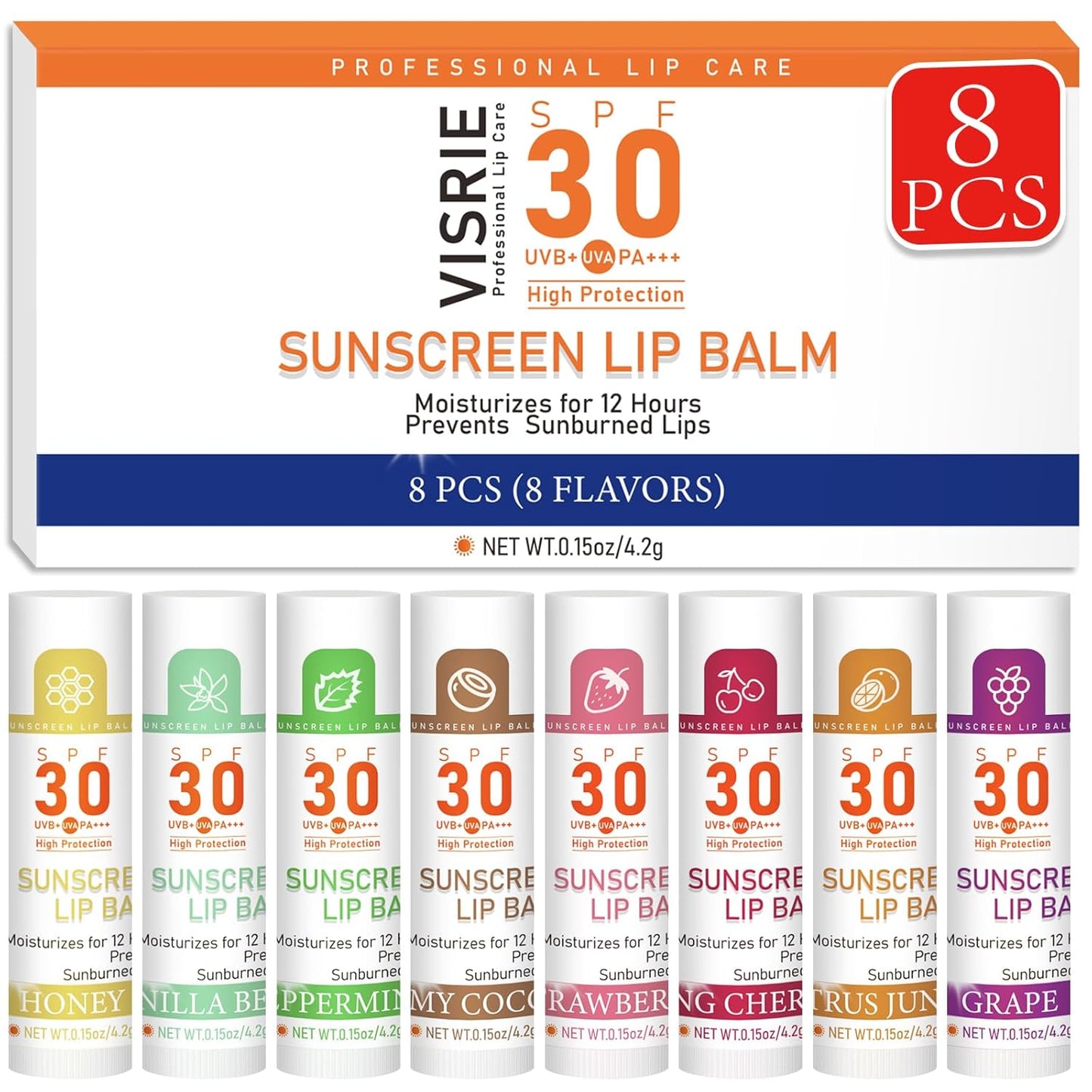 SPF 30 Lip Balm with Sunscreen, 8 Pack - 8 Flavors, Hydrating Lip Balm with Vitamin E and Coconut Oil